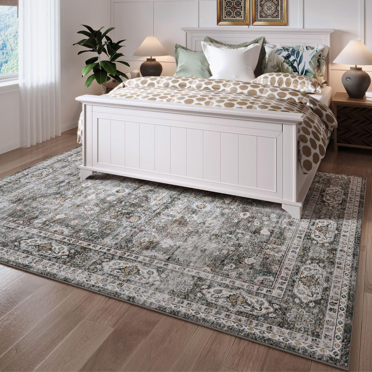 Rugcomf 8x10 Rug Washable Boho Soft Large Area Rug Non-Slip Faux Wool Vintage Rug for Living Room, Farmhouse, Dining Room, Indoor, Kids Playroom (Grey) Rugcomf