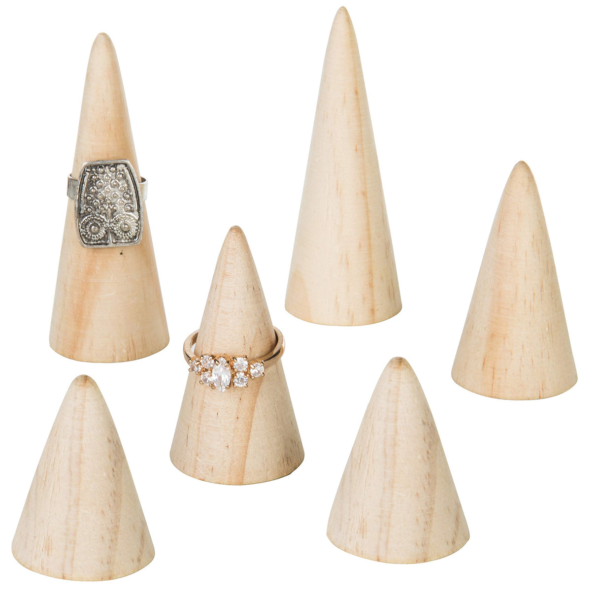 MyGift Natural Wood Wedding Ring Holder for Jewelry Engagement, Costume Ring Cone, Set of 6 MyGift