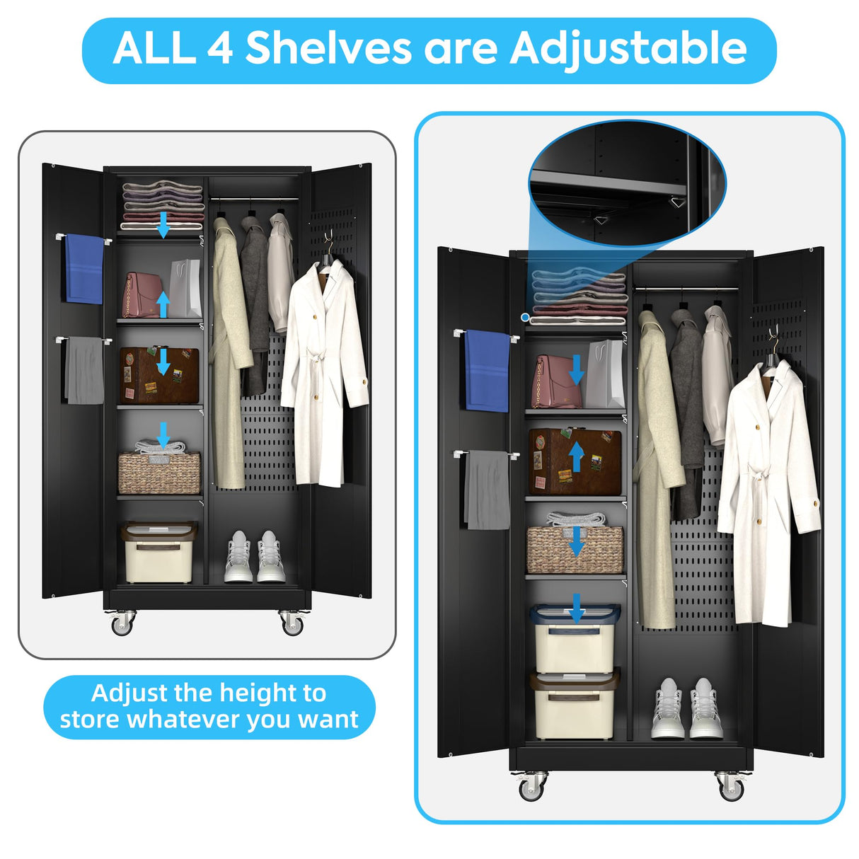 Broom Closet Storage Cabinet with Wheels and Pegboard,Garage Storage Cabinet with Lockable and Magnetic Doors,Adjustable Shelves for Garage Home Office,Required Assembly,17.7"D*33.5"W*70.87"H Reemoon