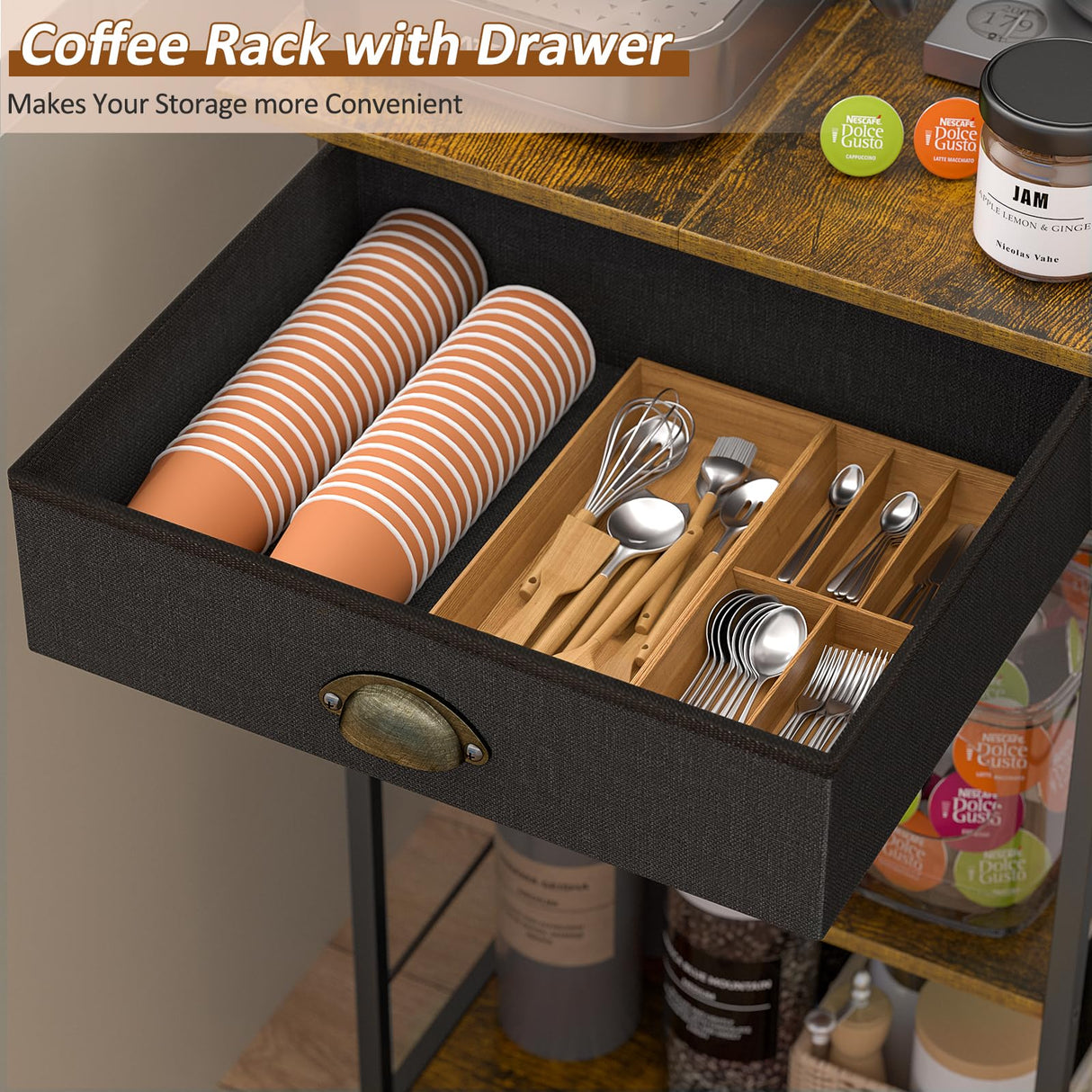 5 Tier Coffee Bar Station with Drawer, Coffee Stand with 4 S-Shaped Hooks, Farmhouse Corner Coffee Bar Cabinet for Small Spaces, Bakers Rack for Kitchen, Living Room, 13.43"D x 18.93"W x 53.31"H DAOUTIME