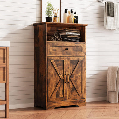 Viroformo Floor Cabinet, Farmhouse Storage Cabinet with Barn Doors and Drawer, 11.81" D x 23.62" W x 39.37" H Rustic Brown Freestanding Adjustable Shelf Organizer for Bathroom, Kitchen, Living Room