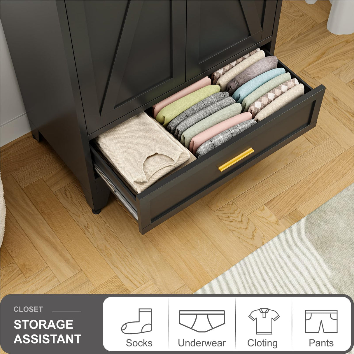 XIOMIOHTRQ Metal Wardrobe Cabinet, 71" Tall Armoire Wardrobe Closet with Drawer, Farmhouse Clothing Storage Cabinet for Bedroom, Laundry (Black, 1 Drawer) XIOMIOHTRQ