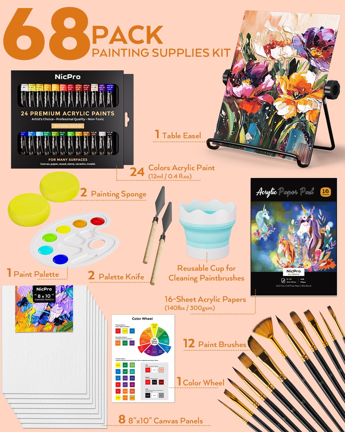 Nicpro 68PCS Acrylic Paint Canvas Set for Adults & Kids, Art Painting Supplies Kit with 24 Paints,Table Easel,8 Canvas Panels,12 Brushes,Paper Pad,Cleaning Cup,Sponge,Palette for Artist Beginner Nicpro