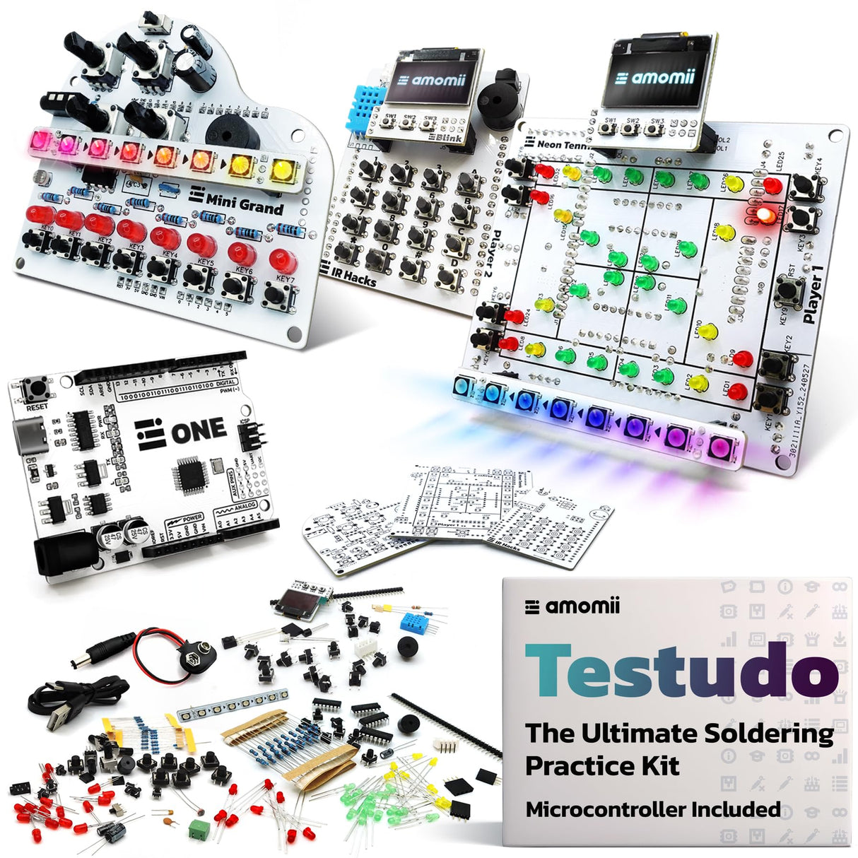 amomii Testudo: Soldering Practice Kit, 3 Builds, Multiple Projects + USB C Microcontroller, Arduino IDE Compatible Electronics Starter Kit for Beginners, Makers, Adults & Teens, Included eBook amomii