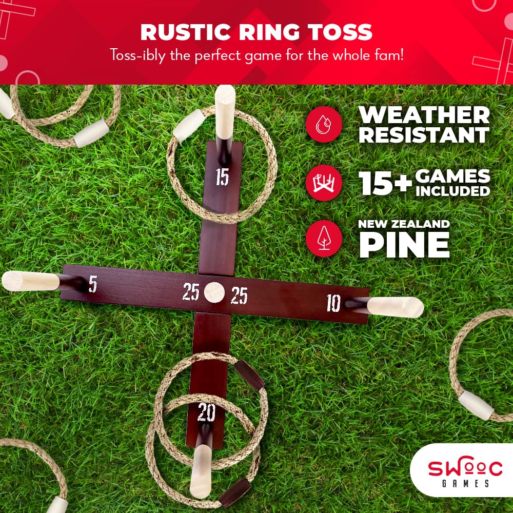 SWOOC Games - Rustic Ring Toss Game (All Weather) - Easy Setup & Extra Games Included - Ring Toss Game for Adults - Outdoor Games for Kids - Yard Games for Adults - Ring Hook Game - Game Room Games SWOOC