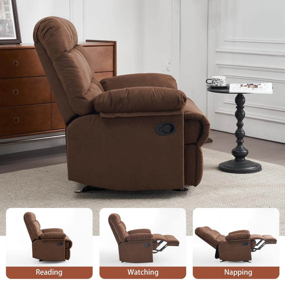 Ketaiyou Rocker Recliner Chair, Overstuffed Manual Rocking Recliner for Adults, Upholstered Comfy Soft Fabric Living Room Reclining Sofa Chair (Brown Fabric) Ketaiyou
