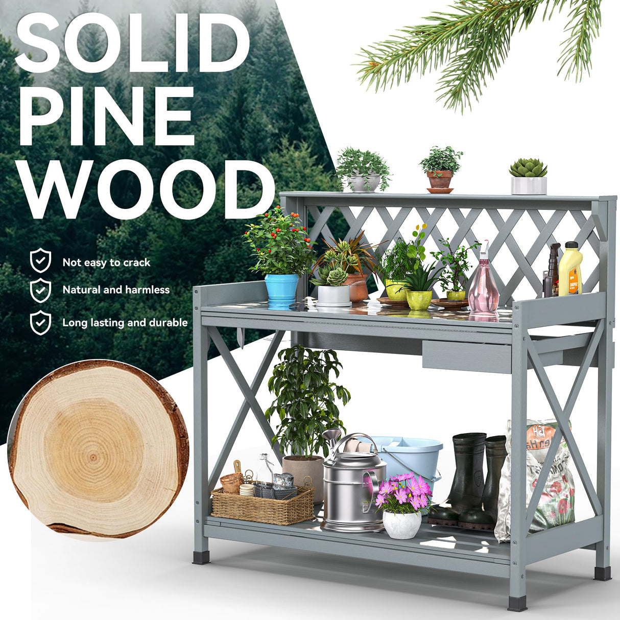 YITAHOME Potting Bench Table, Outdoor Garden Work Bench Station Table w/Drawer, Open Shelf, Hook, PVC Waterproof Mat (Grey) YITAHOME