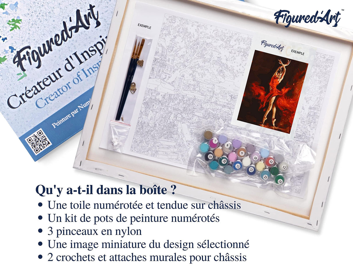 Figured'Art Paint by Numbers Kit for Adults with Frame Magical Red Dancer 16"x20" - Craft Art Painting DIY Kit Canvas Already Stretched on a Wooden Frame Figured'Art