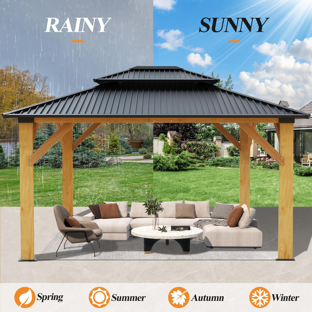 GARTOO 11’x13’ Outdoor Wooden Gazebo - Patio Galvanized Steel Gazebo with Double Vented Roof, Heavy-Duty Cedar Wooden Gazebo for Garden, Lawn, Poolside, Backyard Deck GARTOO
