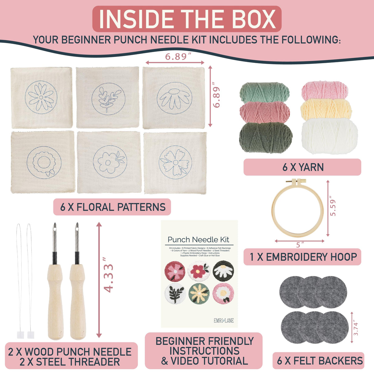 Punch Needle Kit โ 6 Floral Design Punch Needle Embroidery Kit w/Monk Cloth, Embroidery Hoop, Yarn & More - Essential Punch Needle Supplies for Crafters - Ideal Punch Art for Beginners Emri Lane