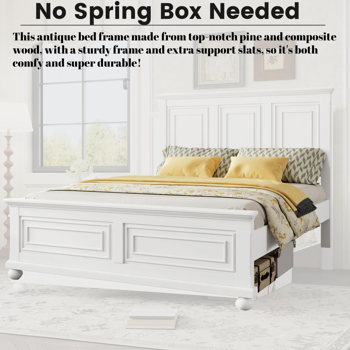 Duxelifin King Size Platform Beds for Bedroom, Tall Headboard King Bed Frame with Footboard, Pinewood Antique Bed Frame, Farmhouse Style, Noise-Free, No Box Spring Needed, White Duxelifin