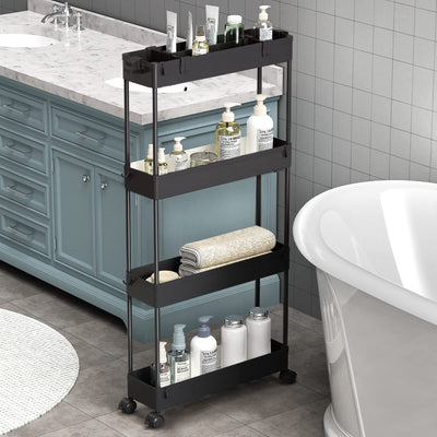 SPACELEAD Slim Storage Cart 4 Tier, Storage Organizer Rolling Utility/ Mobile Shelving Unit Slide Out Storage Cart for Office, Bathroom, Kitchen, Laundry Room & Narrow Places, Black