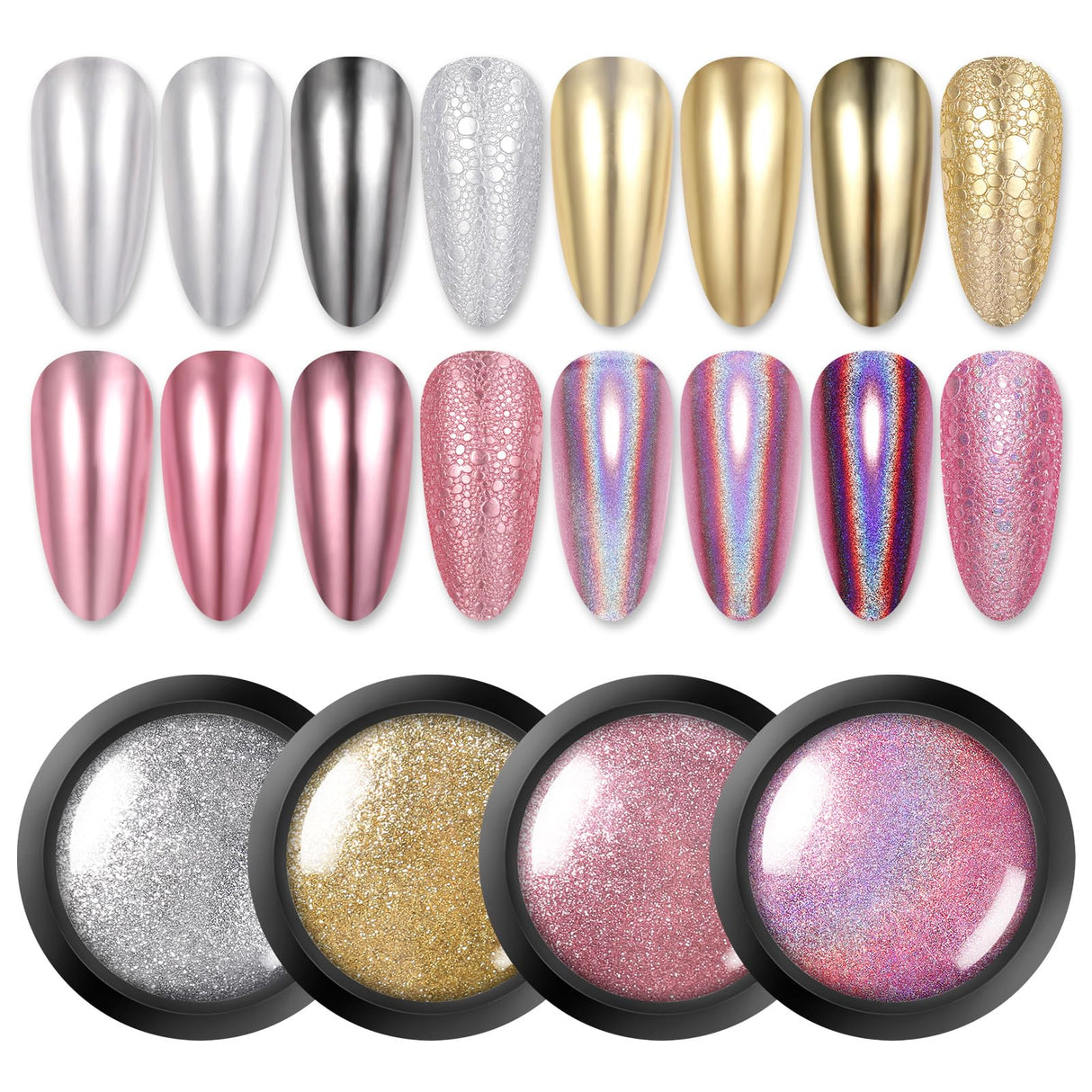Born Pretty Chrome Nail Powder Metallic Mirror Powder Holographic Pigment Powder Manicure Nail Art Decoration Sets Silver Gold Pink Rose Gold 4 Boxes Born Pretty