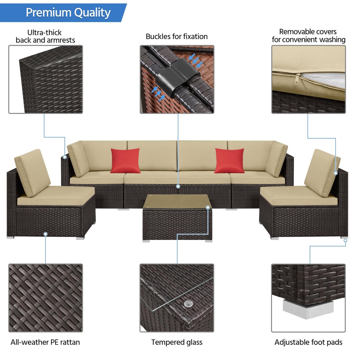 Yaheetech Patio Furniture Set, 7-Piece Outdoor/Indoor Rattan Wicker Sofa Set w/Glass-top Table & Cushions, All-weather Conversation Lounge Set for Porch/Yard/Poolside/Balcony - Brown/Khaki Yaheetech