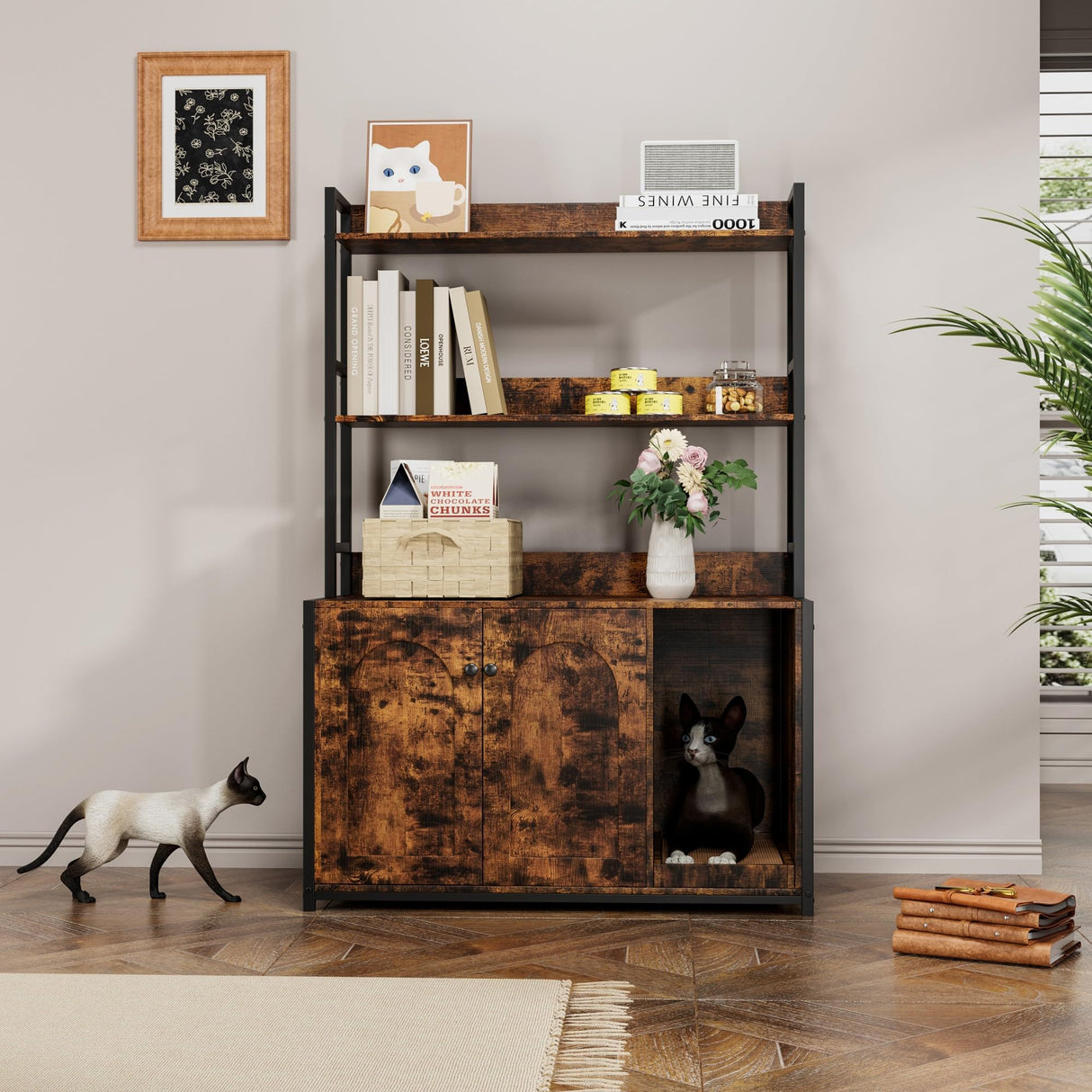 Litter Box Enclosure with 2 Storage Shelves Hidden Cat Litter Box Furniture with Scratch Pad, Indoor Cat House Kitty Box Washroom Cat Bookshelf Cabinet Retro Brown Hipicute