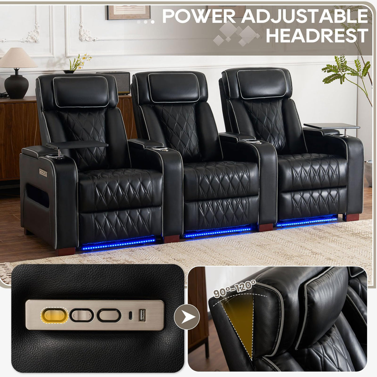 CALIVIA Luxury Home Theater Seating – Power Recliner with Adjustable Headrests, Blue LED Ambient Lighting, Tray Table, USB & Type-C Charging (Black, 3 Seat) CALIVIA