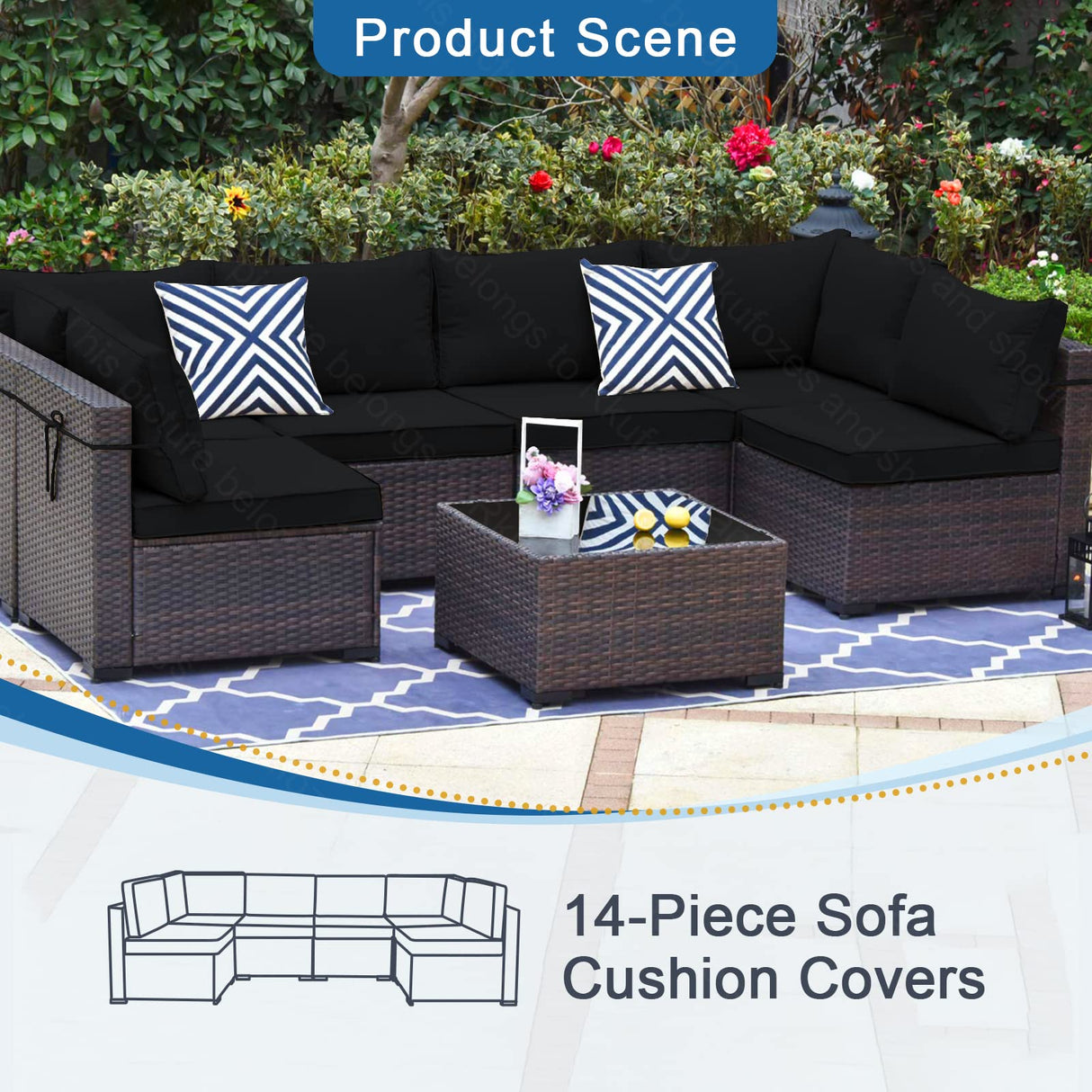 Rkufoze 14 PCs Patio Cushion Covers for 7 PCs Outdoor Furniture Sectional Seating Sets Water Resistant Plus 2 Throw Pillows (Black, 24.8(L)*24.8(W)*3.14(T) inches) Rkufoze