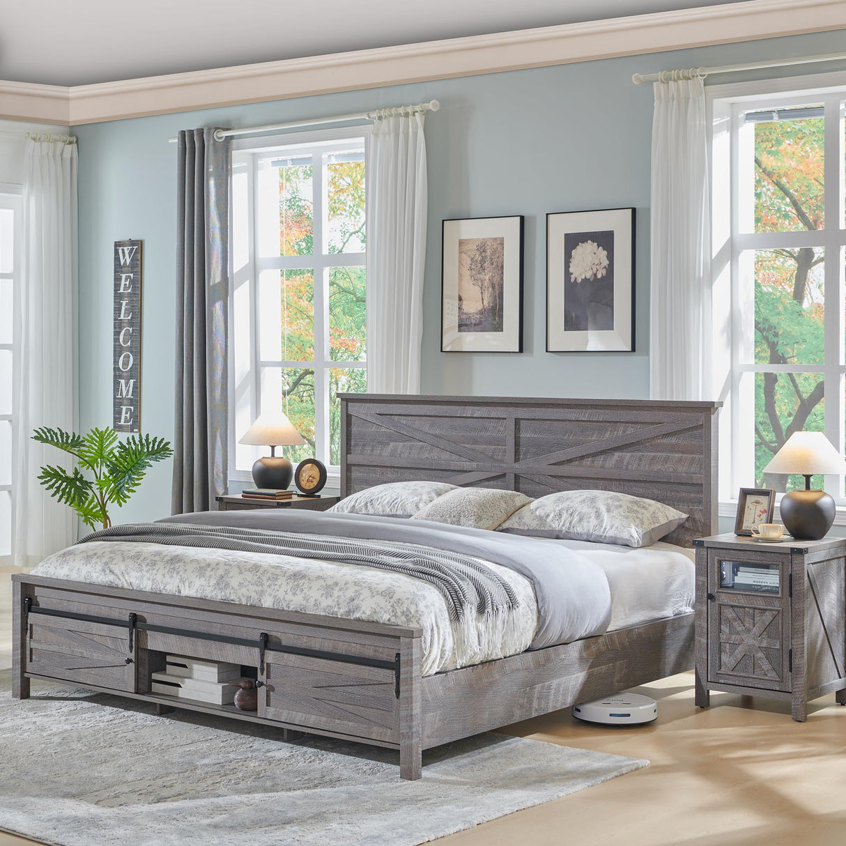 JXQTLINGMU King Farmhouse Wood Bed Frame with Sliding Barn Door Storage Cabinets, Solid Wood Slats Support, Noiseless, No Box Spring Needed, Grey JXQTLINGMU