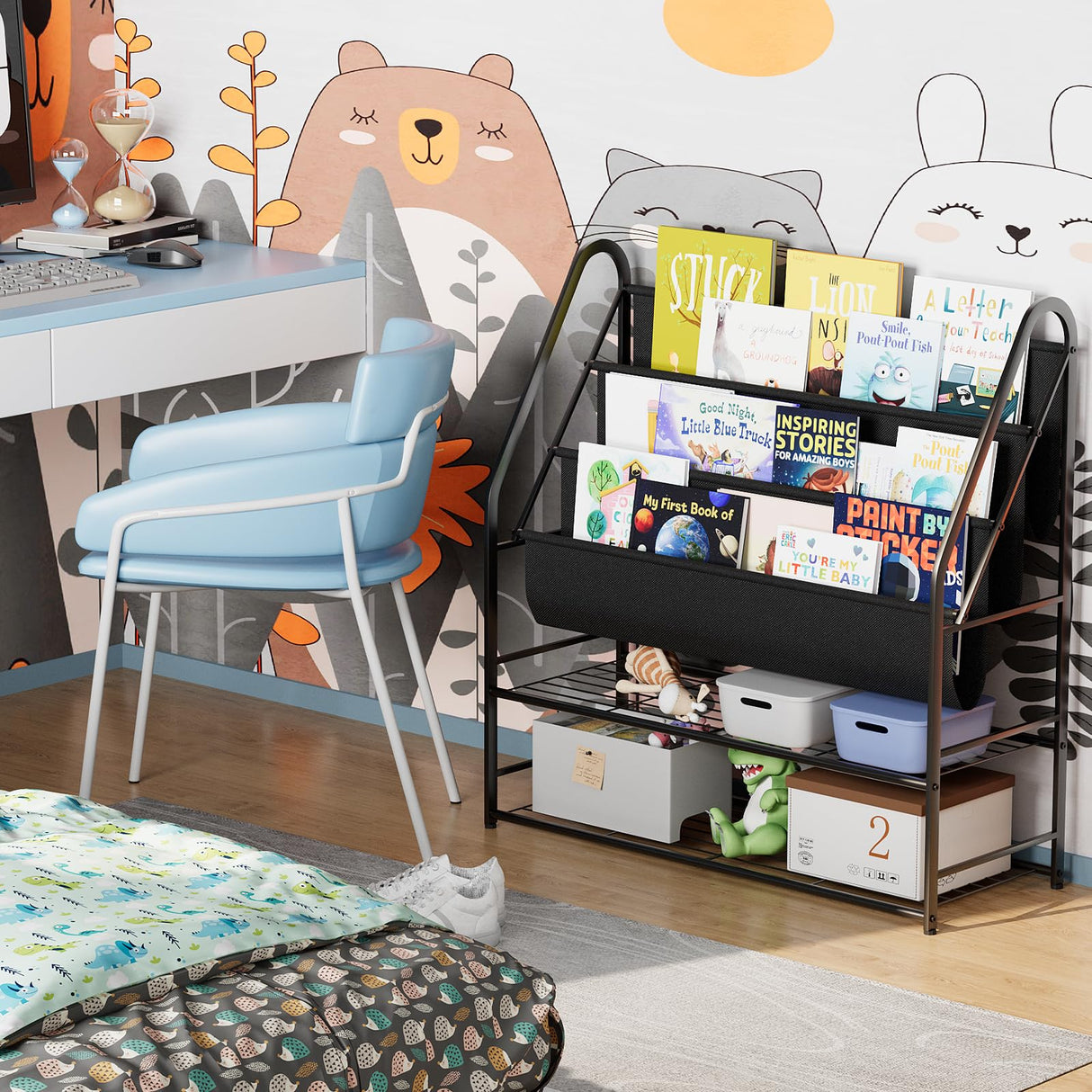aboxoo Kids Bookshelf Freestanding Bookcase for Children Room, 32 in Book Shelves with 4 Deep Pockets Toy Organizer Large Stable Book Unit Storage for Bookstore Library Living Room,Black aboxoo