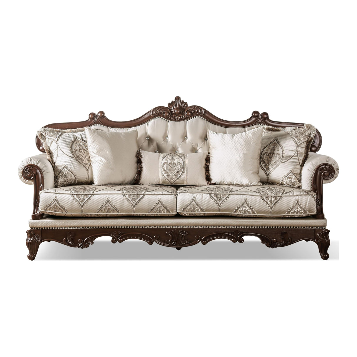 Furniture of America Adelaide Traditional Upholstered Sofa Set with Rolled Armrests, Wooden Loveseat and Comfortable Couch for Living Room, Office, 2-Piece Set, Dark Cherry/Beige Furniture of America