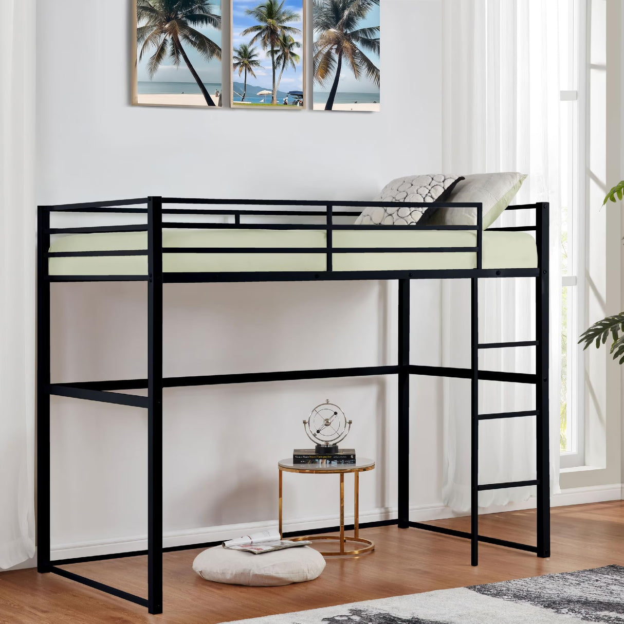 Suwopmvy Heavy Duty Metal Loft Bed Frame Full Size with Safety Guard Rails & Built-in Ladder - Sturdy Space Saving Loft Bed for Kids, Teens, Adults, College Dorm, Studio Apartment (Black, Full) Suwopmvy