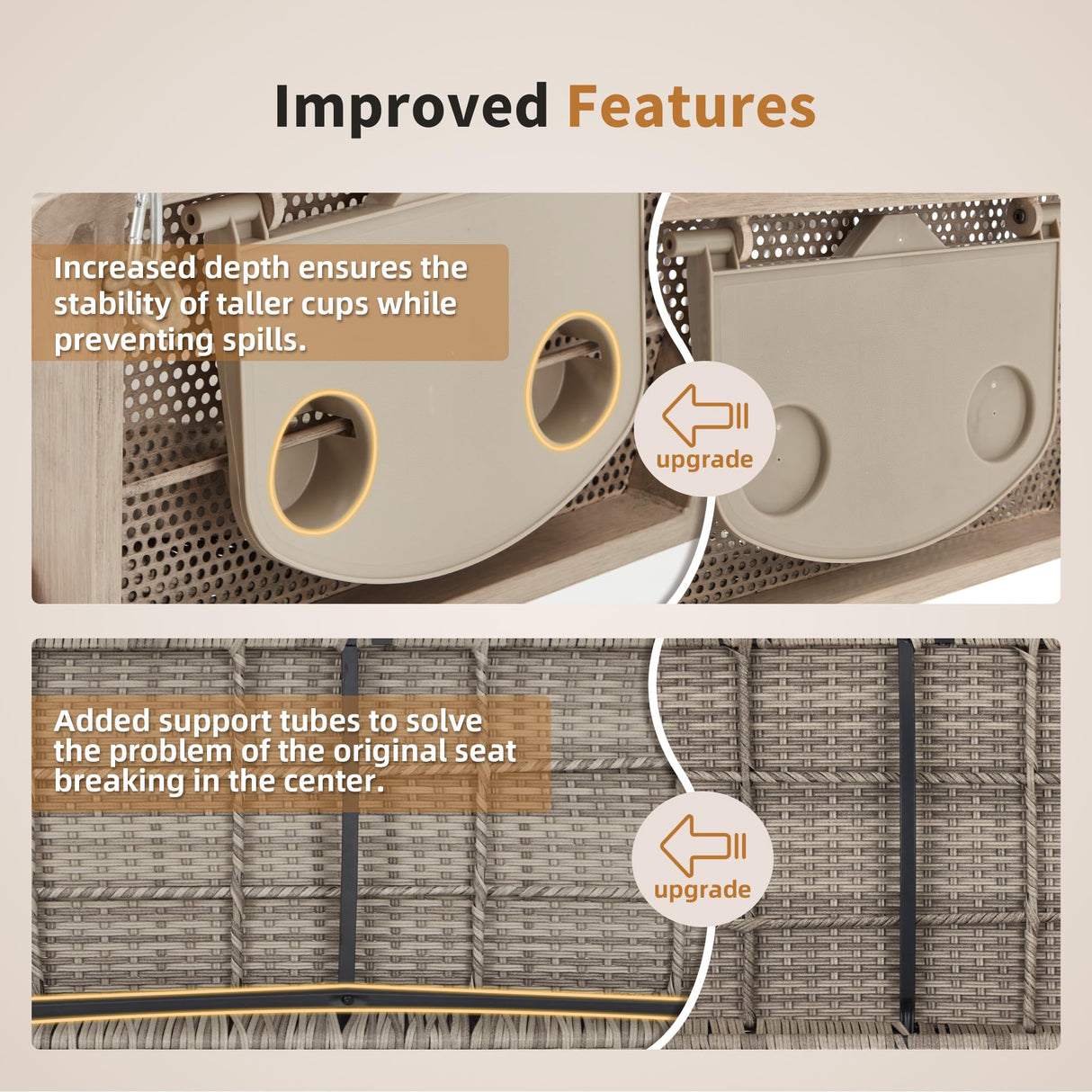 HOMREST 3-Person Porch Swing 55in Wicker Hanging Swing Bench with Cushions Cupholders Swing Chair with Chains 800lbs Capacity for Deck Garden Backyard HOMREST
