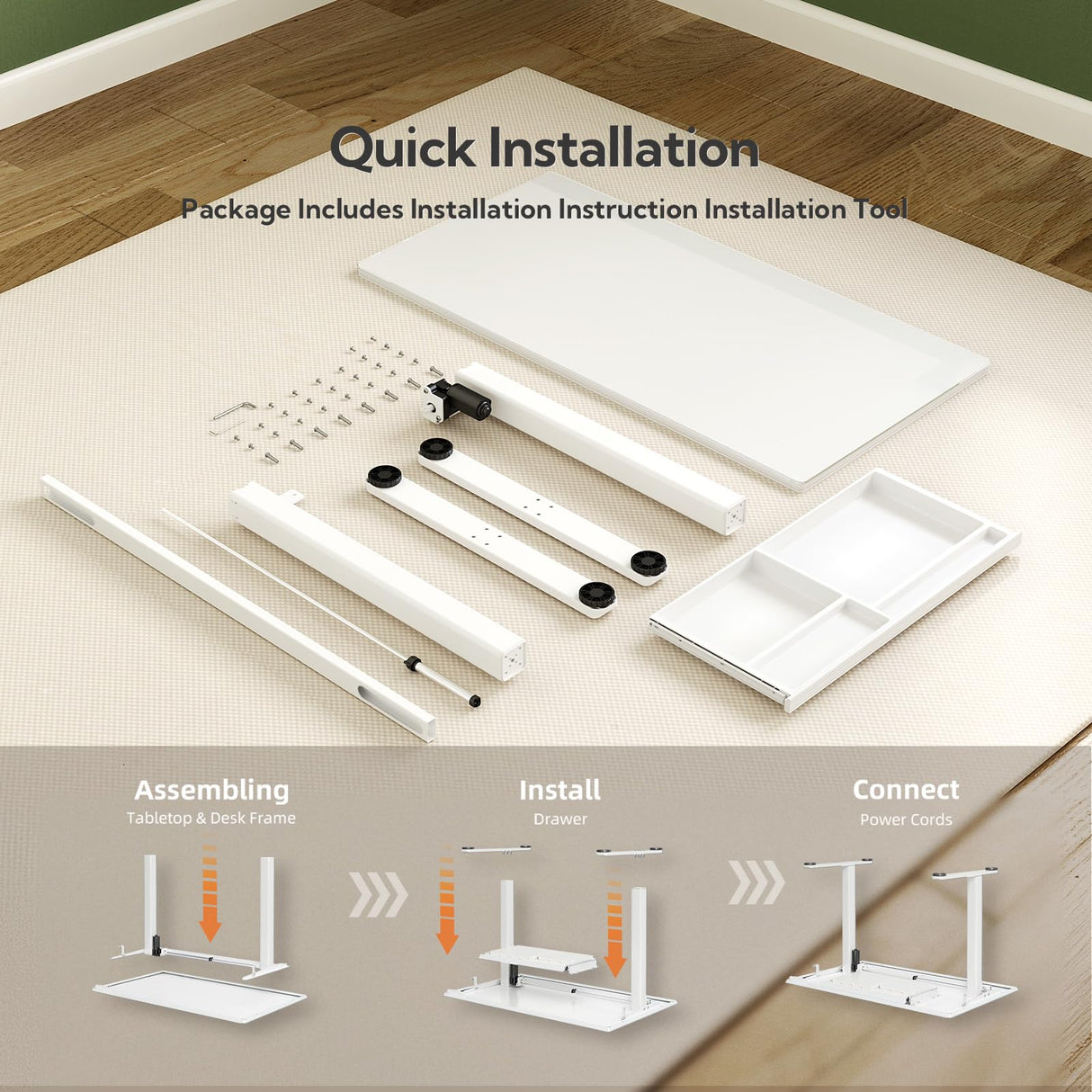 INNOVAR Glass Standing Desk with Drawers, 40 x 24 Inches Electric Height Adjustable Desk, Tempered Glass Top Stand Up Desks for Home and Office, White INNOVAR