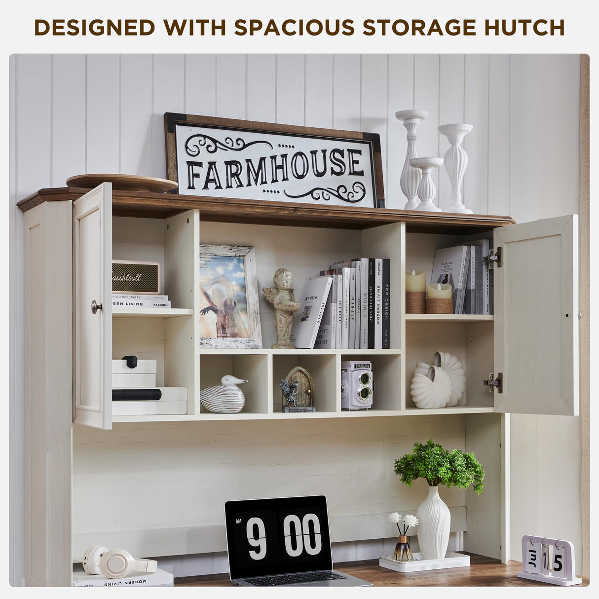 T4TREAM 59" Farmhouse Executive Desk with Hutch,Wood Home Office Computer Desk, Featuring Keyboard Tray,Charging Station,File Drawer, Storage Cabinet,for Work and Study (Antique White) T4TREAM