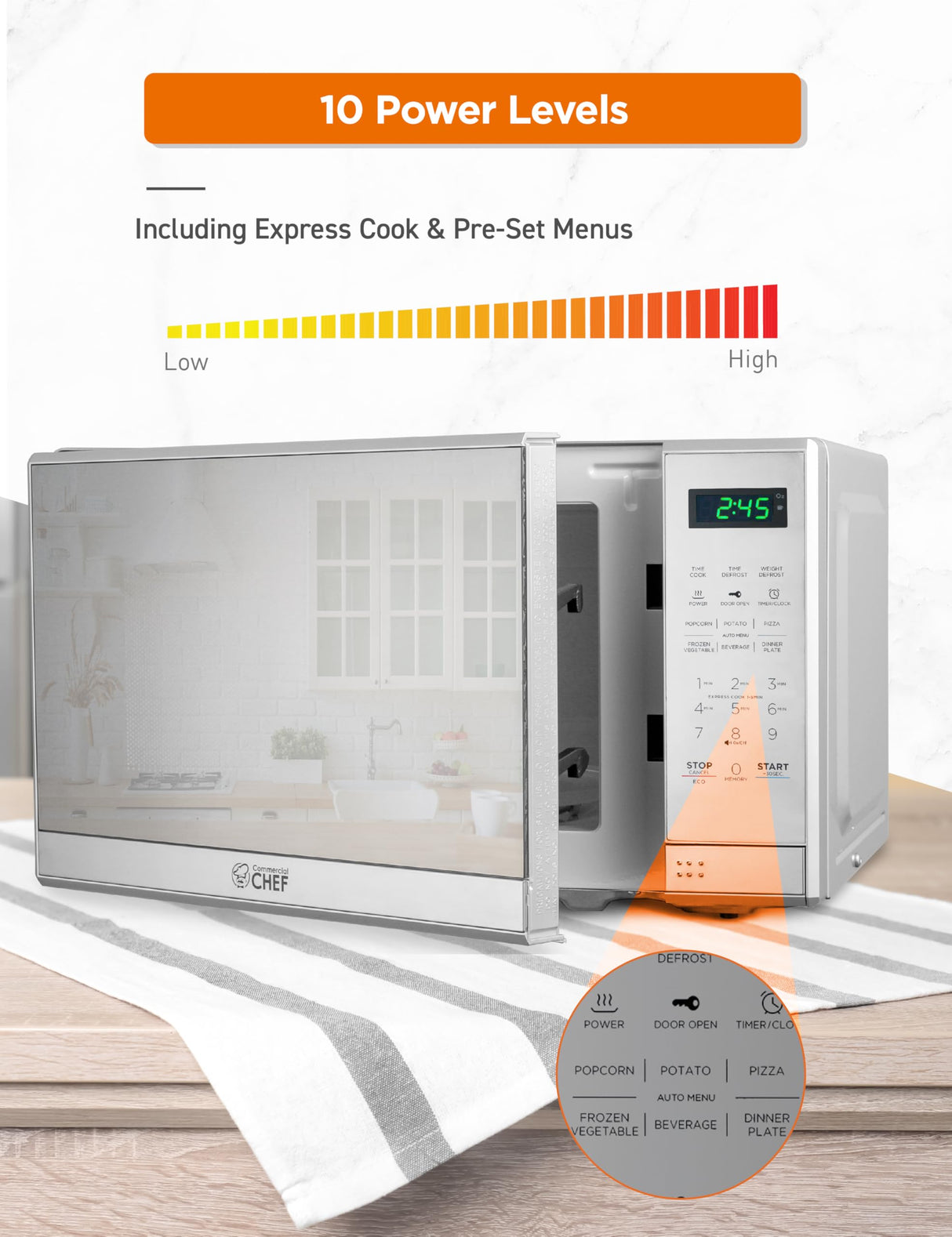 COMMERCIAL CHEF 0.7 Cu Ft Microwave with 10 Power Levels, 700W Microwave with Digital Display, Countertop Microwave with Child Safety Door Lock, Programmable with Push Button, Stainless Steel Commercial CHEF