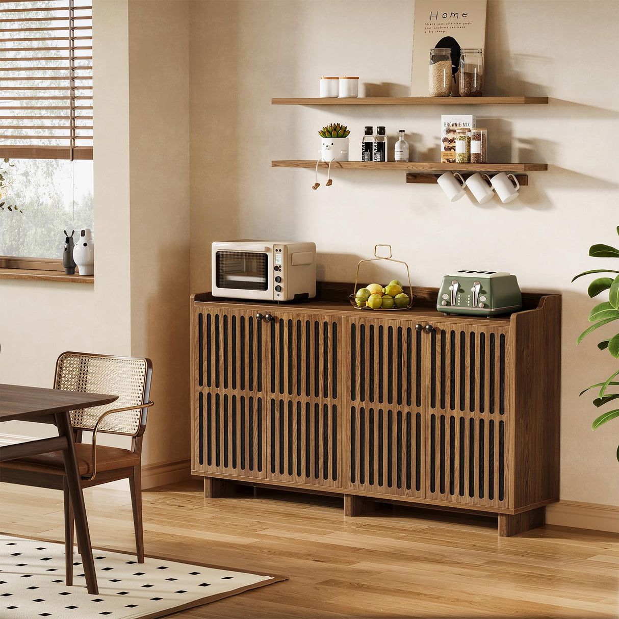 Tribesigns Sideboard Buffet Cabinet, 55-inch Farmhouse Kitchen Storage Cabinet with 4 Doors and Adjustable Shelves, Wood Credenzas Coffee Bar Cabinet for Living Room, Dining Room, Rustic Brown Tribesigns