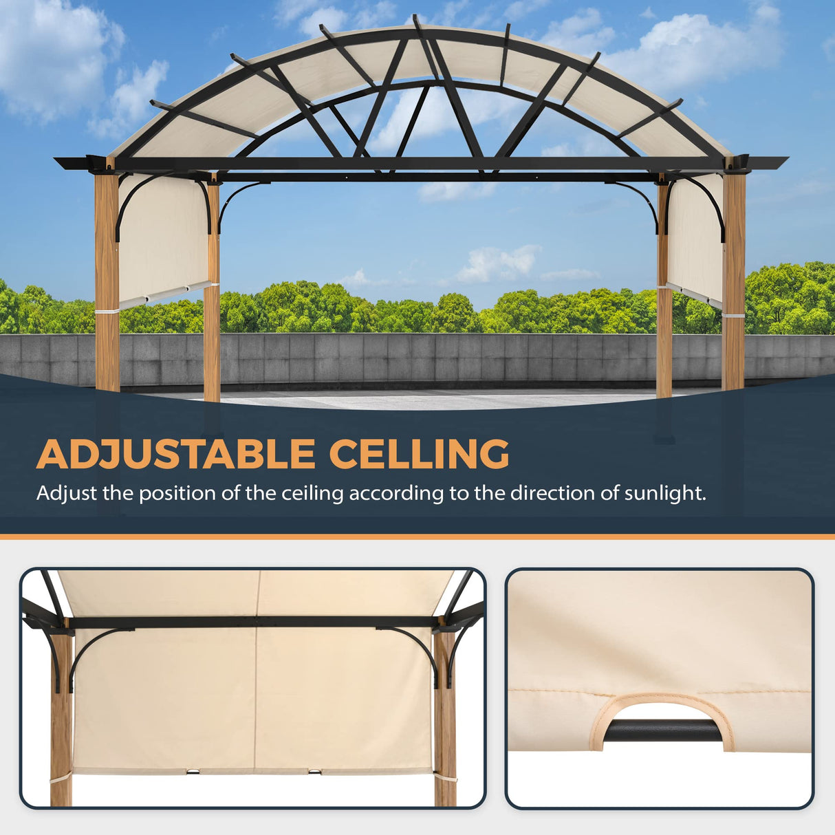 HAPPATIO 10' X 13' Outdoor Pergola with Sling Retractable Canopy and Woodgrain Aluminum Frame, Arched Pergola for Patio, Deck, Backyard, Garden HAPPATIO