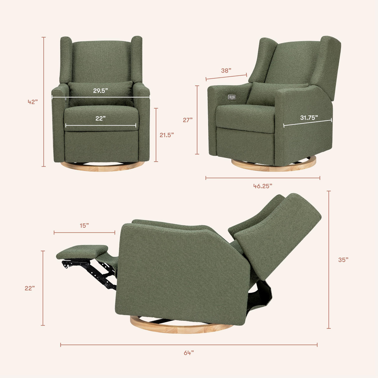 babyletto Kiwi Glider Recliner w/Electronic Control and USB | in Olive Boucle w/Light Wood Base, Greenguard Gold Certified babyletto
