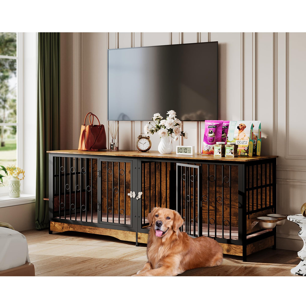 75'' Dog Crate Furniture Large Storage TV Stand with Dual Cushion / 4 Bowls/Double Rooms, Wooden Dog Kennel Dog Crate End Table with Removable Divider for Large Medium Dogs, Rustic Brown NASHZEN