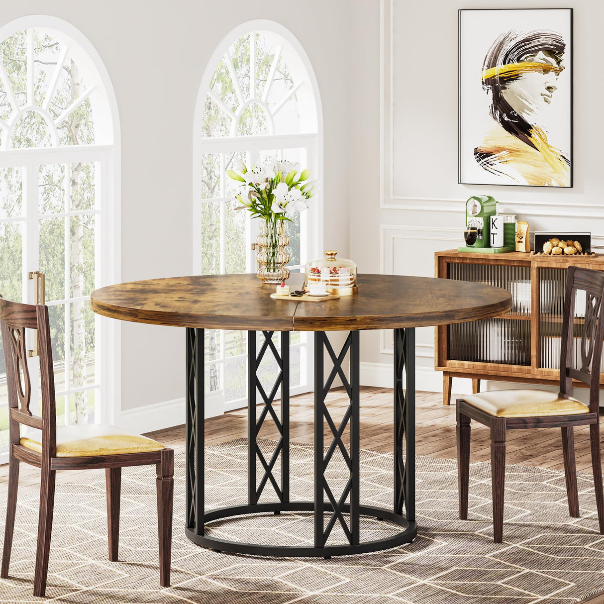 Tribesigns Round Dining Table for 4 People, 47" Modern Kitchen Table with Wood Grain Surface & Metal Base, Rustic Round Table for Dining Room, Living Room, Brown & Black(Only Table) Tribesigns
