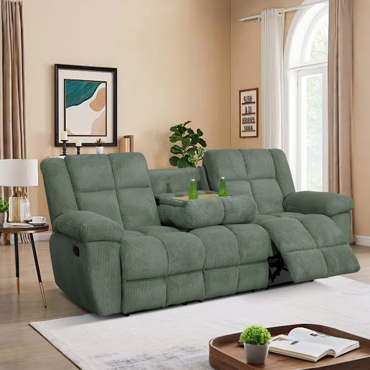 Ocstta Corduroy Recliner Sofa Set for Living Room,Reclining Loveseat/Couch/Chair Set Manual Reclining Sofa Set with Storage/Cup Holders for Living Room Office Home (Green, 3 Seater Sofa) Ocstta