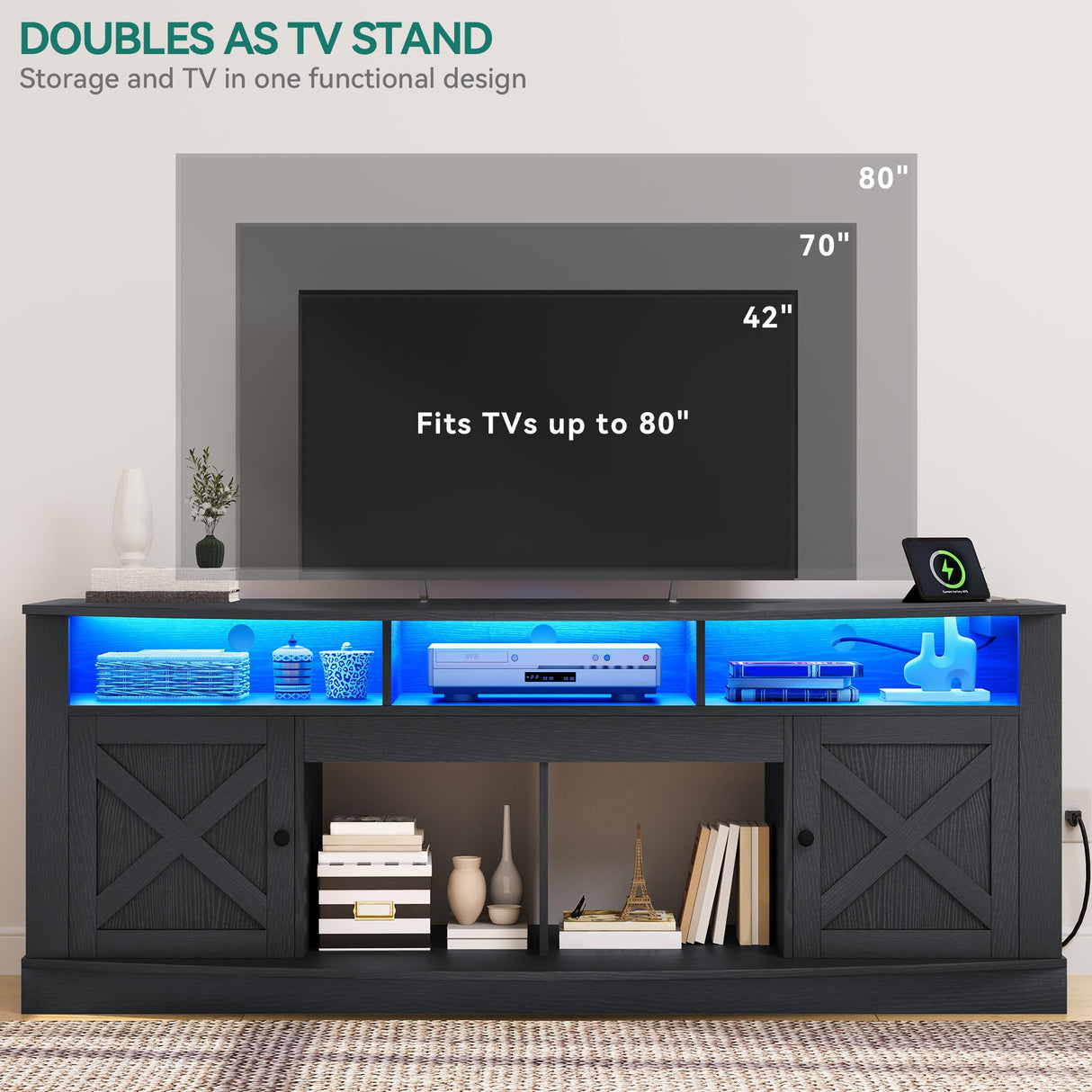 YITAHOME TV Stand for 75/80 Inch TV, Black Entertainment Center 70 Inches Wide, Media Furniture TV Table with with Power Outlet, TV Consoles for Living Room, Curved Desktop YITAHOME