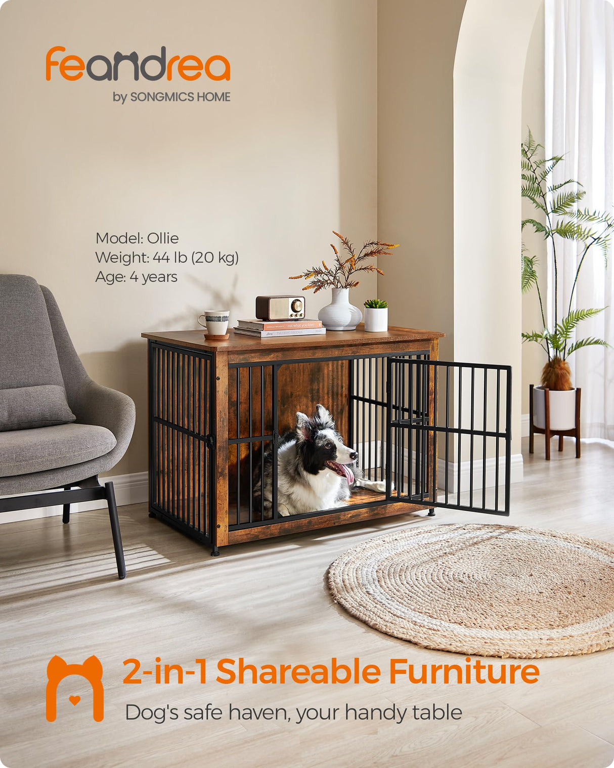 Feandrea Dog Crate Furniture, Side End Table, Modern Kennel for Dogs Indoor up to 70 lb, Heavy-Duty Dog Cage with Enclosed Base, Double-Door Dog House, Rustic Brown UPFC023X01 Feandrea