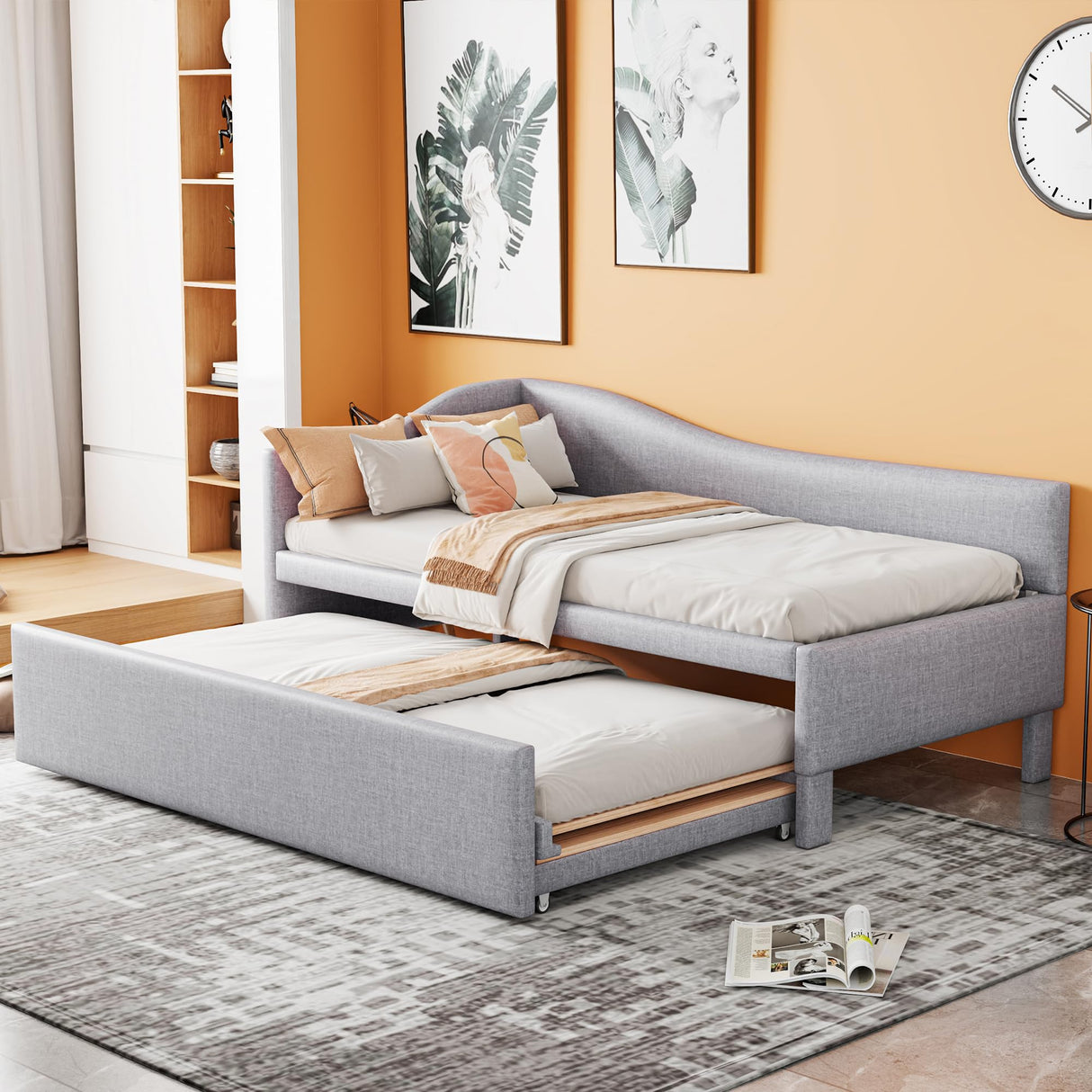 Twin Size Upholstered Daybed with Pop up Trundle,Linen Day Bed Frame with Extendable Trundle,Twin to King Daybed,Tufted Sofa Bed for Bedroom,Living Room,Guest,Gray Bellemave