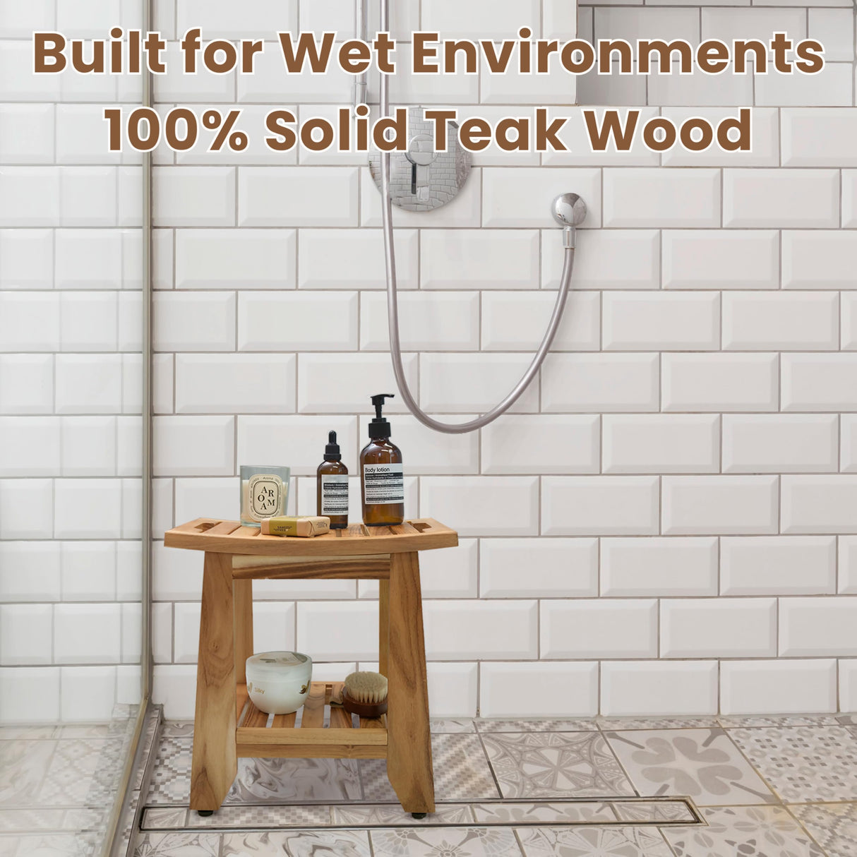 TEAKAURA Teak Shower Bench Stool, 14'' Compact Waterproof Wood Spa Bath Bench with Storage Shelf & Handle, Non-Slip Solid Teak Shower Seat Chair for Small Bathrooms Inside Shower and Outdoor Use TEAKAURA