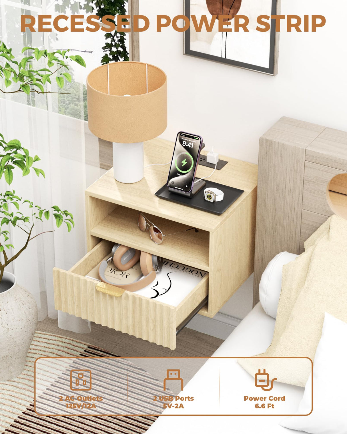 Floating Nightstand Set of 2 - Fluted Night Stand with Charging Station Wood Wall Mounted Nightstand with Drawer & Open Shelf, Modern Bedside Table Large End Table for Bedroom Closet DEMEGA