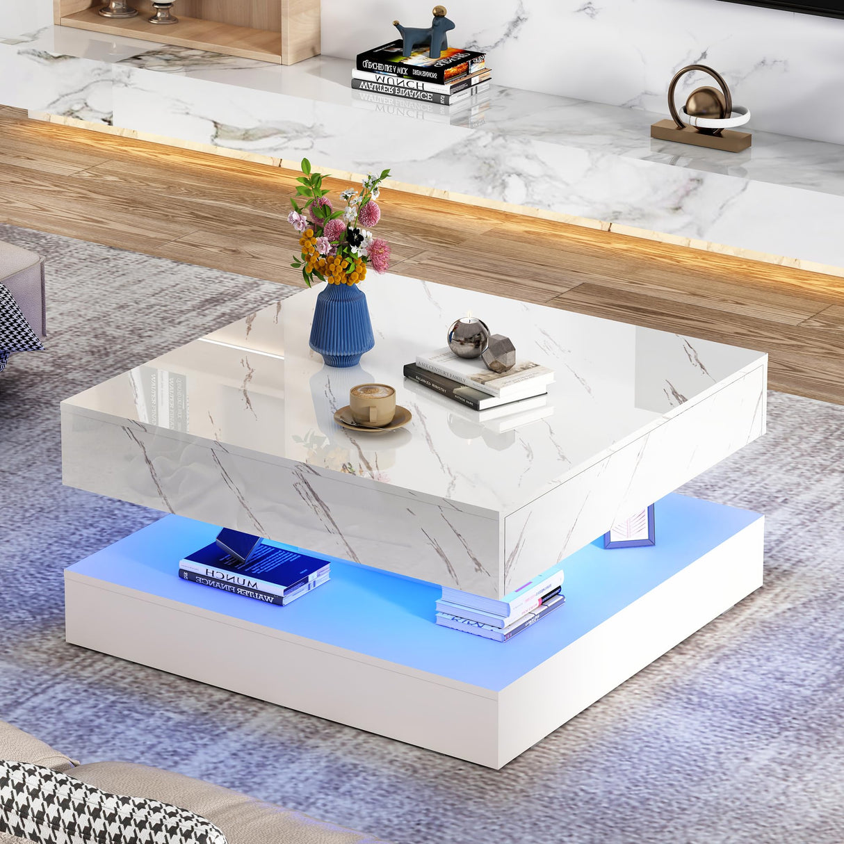 jiteentarou 33.9" LED Coffee Table with Storage, Modern High Glossy Living Room Table w/2 Drawers,Double-Layer Design Large Square Center Table for Living Room, Home, Office, White Marble jiteentarou