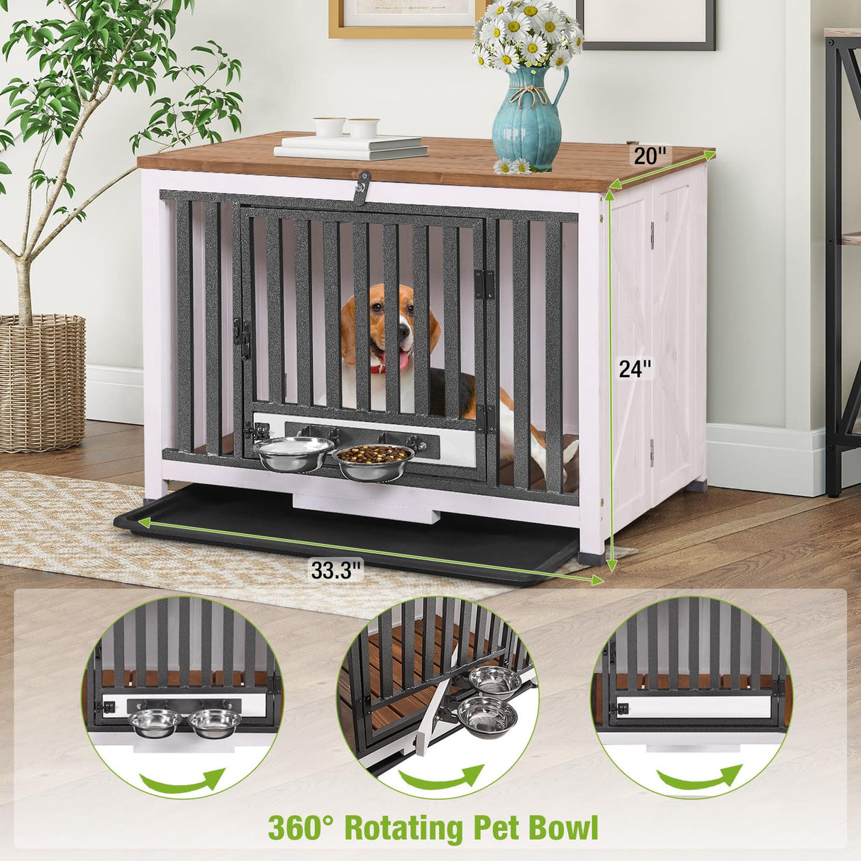 GUTINNEEN Dog Crate Furniture Foldable Dog Kennel for Small Medium Dogs Large Solid Wood Dog House with Bowl Heavy Duty Dog Cage End Table GUTINNEEN