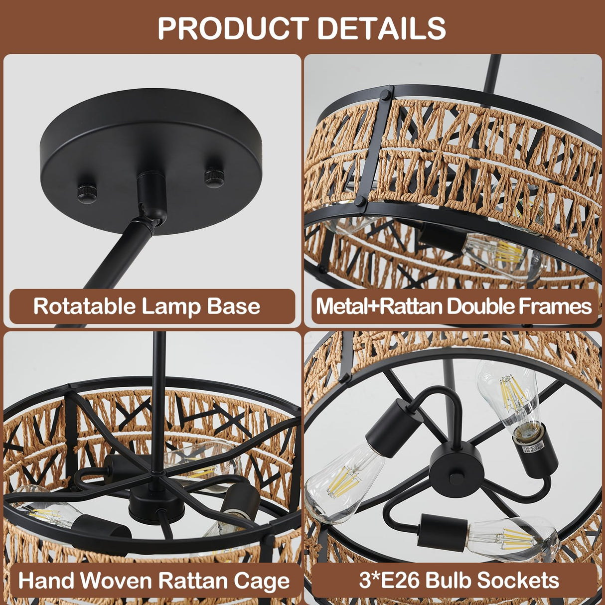 Bsyormak 3-Lights Rattan Boho Chandelier for Dining Room Drum Wicker Pendant Light Fixtures Hanging Woven Coastal Ceiling Light for Farmhouse Kitchen Island Living Room Bedroom Bsyormak