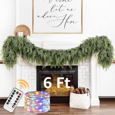 Cedar Christmas Garland with Lights for Mantle - Decorations 6 ft Realistic Lighted Faux Pine Garlands for Xmas Home Decoration Indoor Stairs Railing Fireplace Outdoor 6ft Prelit Garland Door Decor