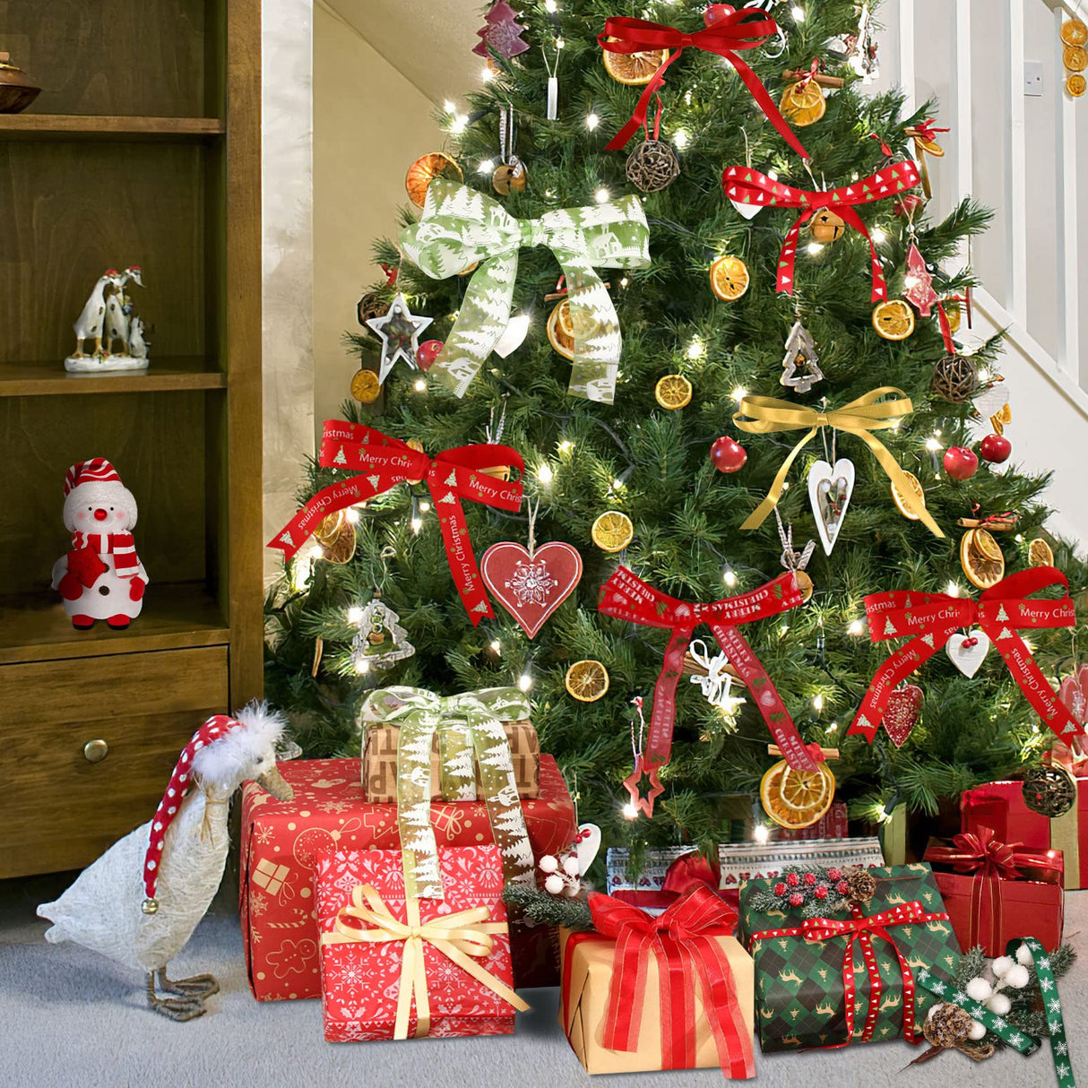 SANNIX 20 Pieces 3 Size Christmas Ribbons for Craft Holiday Printed Grosgrain Organza Satin Ribbons Metallic Glitter Fabric Ribbons Bulk Gift Wrapping Bow(20x2yd) SANNIX