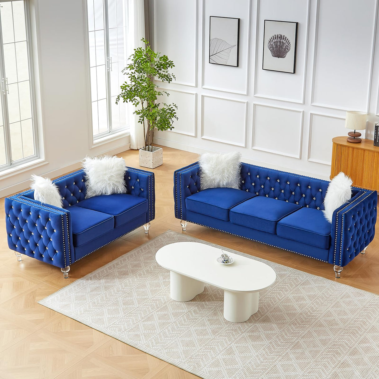 Homies Life 60" Chesterfield Sofa, Velvet Mid-Century Modern Upholstered Loveseat Sofa with 2 Throw Pillows and Acrylic Legs, Nailhead Button Tufted Vintage Couch for Living Room, Apartment, Blue Homies Life