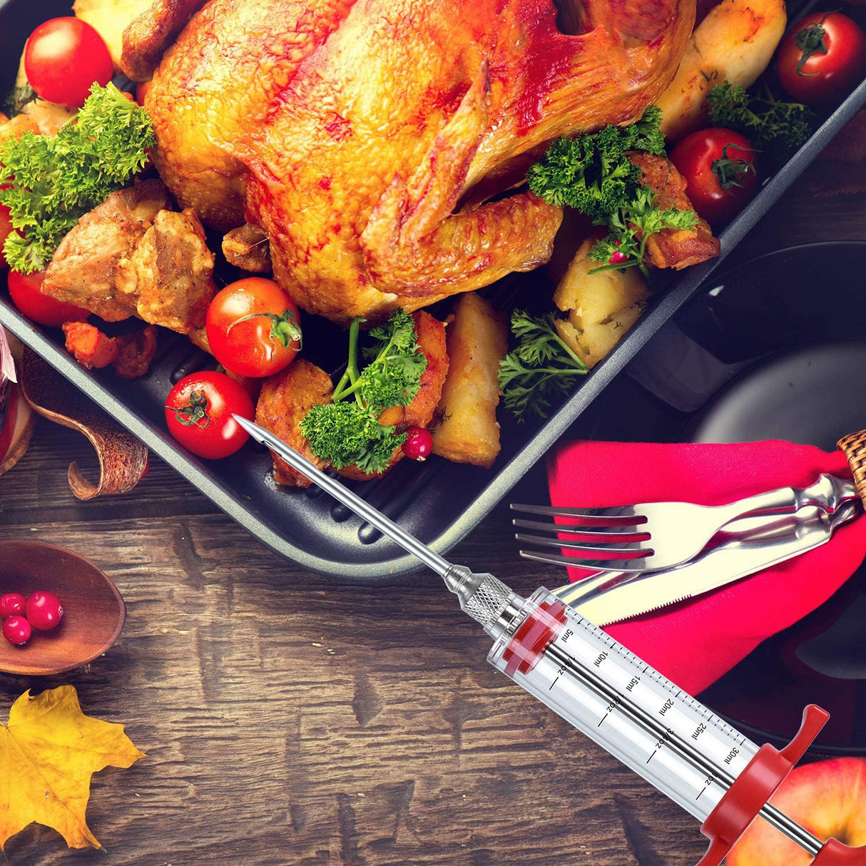 Plastic Meat Injector, Turkey Injector Syringe, Marinade Injector Turkey Injection Kit, Meat Injectors for Smoking, BBQ Grill Injector, Red 1oz (1 Injector 1 Needle) Ruiwin