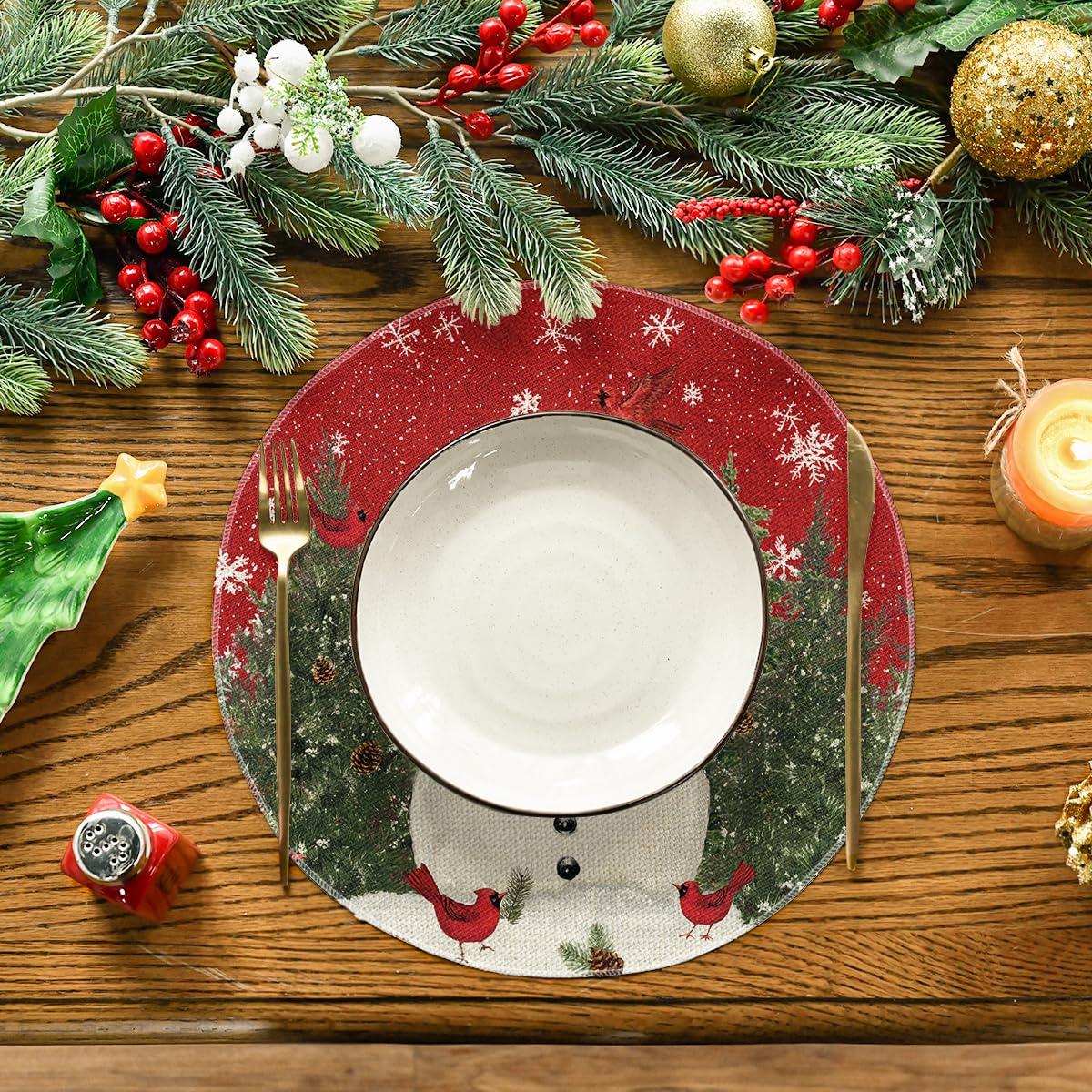 Artoid Mode Snowman Trees Snowflakes Christmas Round Placemats Set of 4, 14 Inch Winter Round Table Mats for Dining Decoration Artoid Mode
