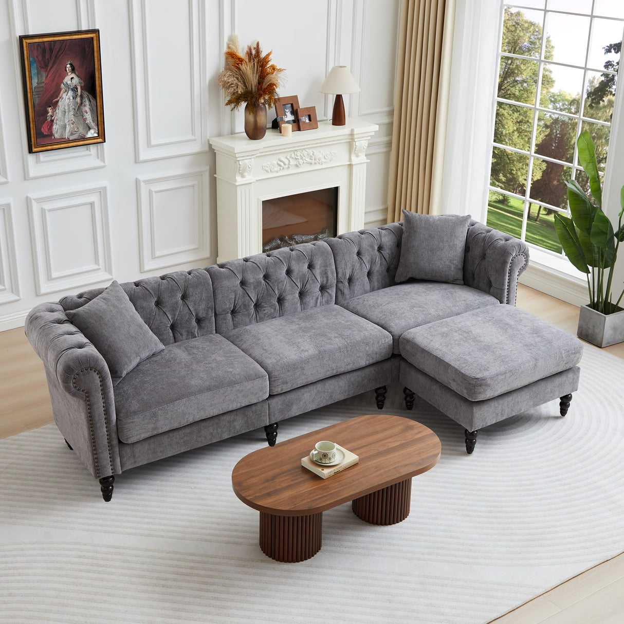 AVZEAR Chesterfield L Shaped Sofa Modular, Sectional Linen Fabric Couch with Ottoman and Pillow, Modern Bed Deep Seat Sofa Living Room Furniture Sets for Living Room, Bedroom and Apartment, Grey AVZEAR