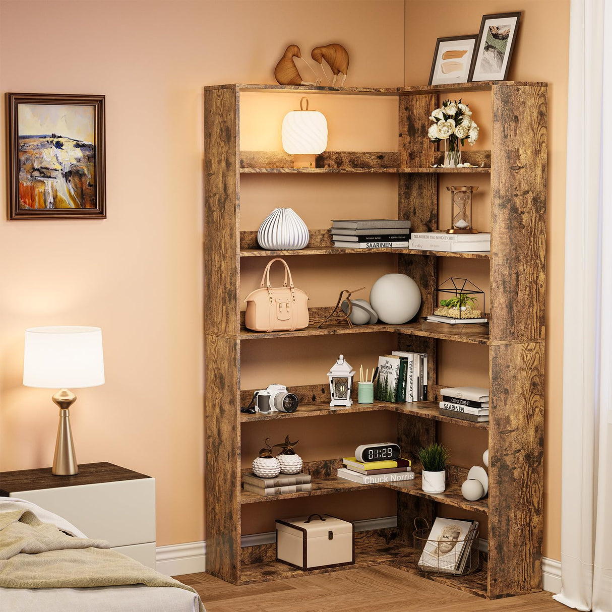 GarveeHome Corner Bookshelf, 6-Tier Corner Shelf l Shaped Bookshelf with Baffles, Wood Bookcase, Display Shelf Heavy Duty Bookcases for Living Room & Home Office Storage GarveeHome